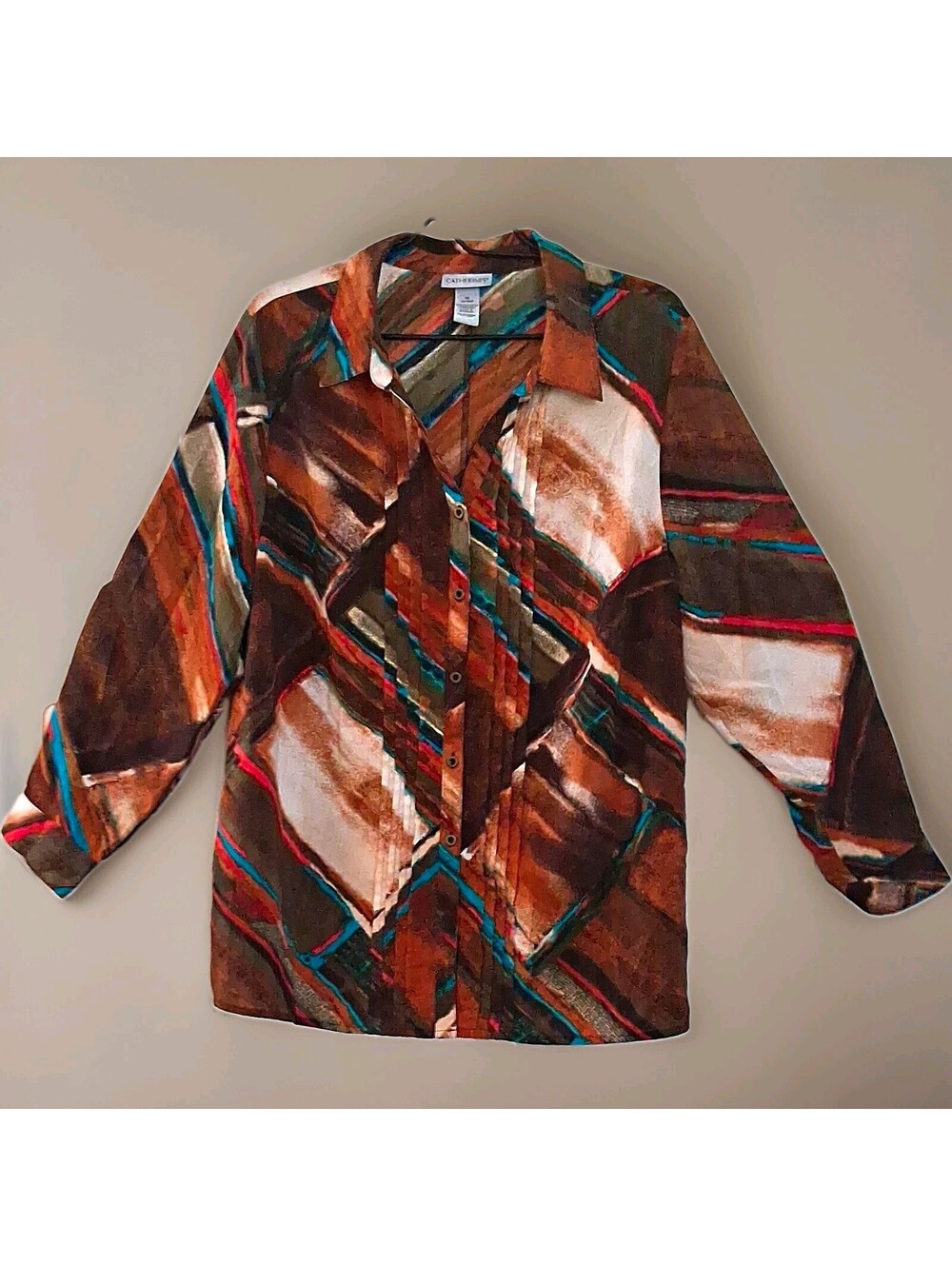 Catherines Womens Plus Blouse 0X Brown Abstract Collared 3/4 Sleeve Button-Up